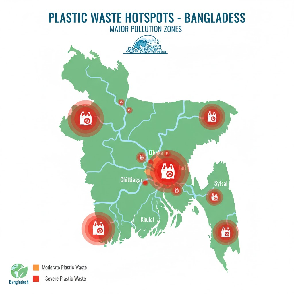 Vector infographic: map of Bangladesh with plastic waste hotspots and refill station icons