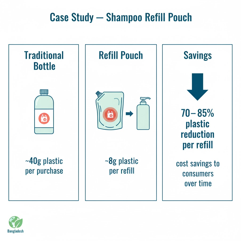 Graphical representation of plastic saved over 10 refills compared to 10 single-use bottles
